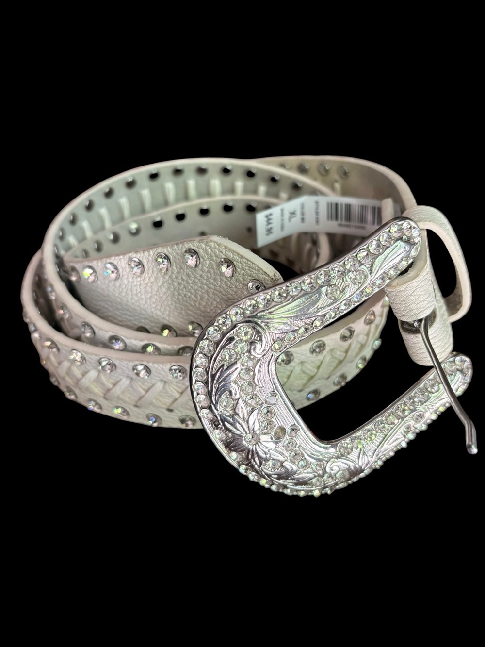 BKE Rhinestone Leather Western Crosstitch Western Festival Belt White Sz XL